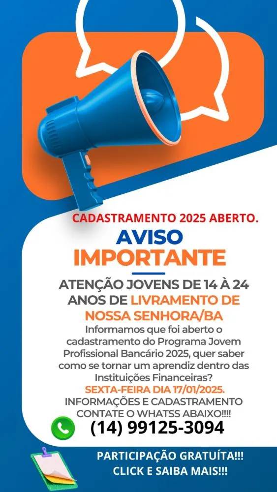 Cadastramento para o Programa Jovem Profissional Bancário 2025 é aberto em Livramento de Nossa Senhora