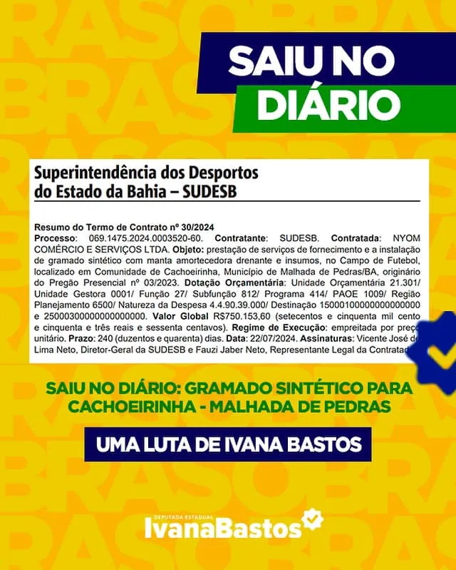 Após empenho de Ivana Bastos, Areninha de Malhada de Pedras receberá gramado sintético