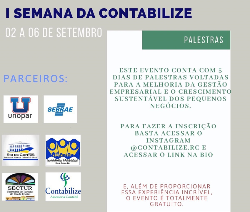 Rio de Contas: I Semana da Contabilidade acontecerá de 02 a 06 de setembro; participe