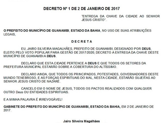 Prefeito de Guanambi, decreta que cidade pertence a Deus